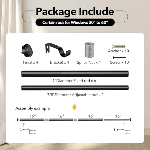 IFELS Heavy Duty Curtain Rods for Windows 28 to 48 Inch, 1 Inch Black Curtain Rods for Outdoor, Farmhouse, Bedroom, Kitchen, Living Room, Adjustable Easy Install Curtain Rods (A4,Black,30"-60")