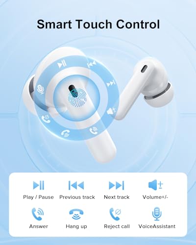 TUMJUN Wireless Earbuds, 42H Playtime Bluetooth 5.3 Headphones, HiFi Stereo Call Noise Cancelling Earbuds, IPX7 Waterproof Stereo in-Ear Earphones with LED Display for iOS Android Cell Phone (Grey)