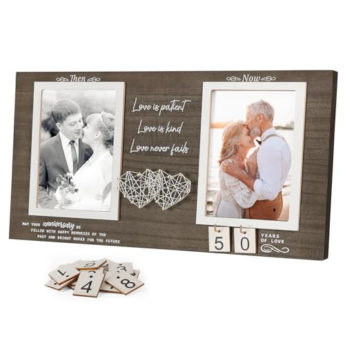 Then and Now Anniversary Picture Frame, 1-99 Years Wedding Gift Ideas, Engagement Bridal Shower Gifts, 25th Anniversary Wood Double Photo Frame for Couple, 4x6 Inches Photos