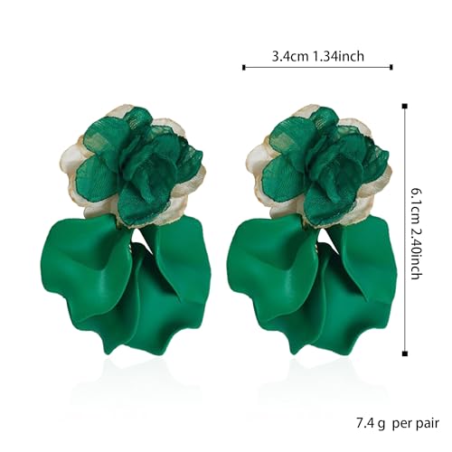 GUOXIAOMEI Chiffon Acrylic Rose Petal Earrings Dangle Exaggerated Flower Earrings Drop Statement Floral Tassel Light Weight Earrings Valentine's Day Gift (Green)