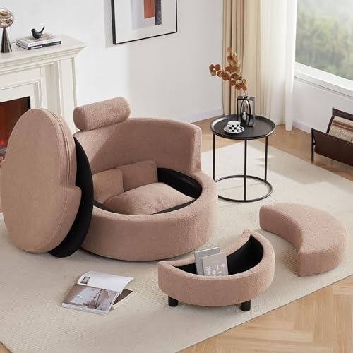 AYEASY Swivel Chair with Half Moon Storage Ottoman, Round Oversized Swivel Barrel Chair with Base Storage for Living Room, 360°Modern Swivel Accent Chair with 3 Pillows for Home, Teddy Fabric,Beige