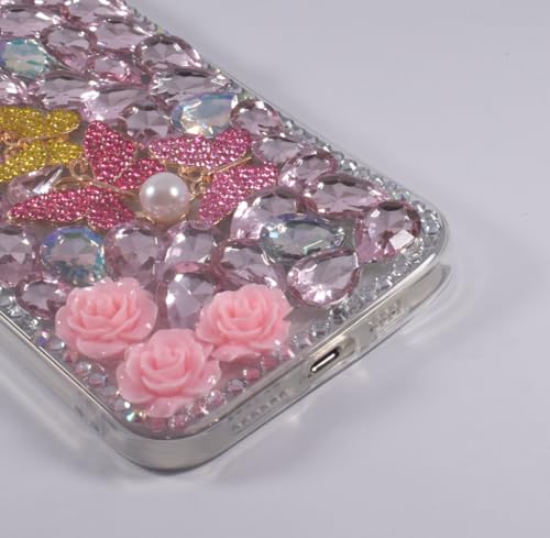 Poowear for iPhone 14 Pro Max Bling Diamond Case with Flower Strap,Luxury Bling Diamond Rhinestone Gemstone 3D Butterfly and Rose Flower Gemstone Cover Case for Women Girls