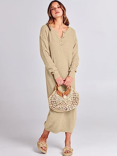 ANRABESS Women Long Sleeve Button V Neck Oversized Casual Loose Fit Waffle Knit Fall Midi Sweater Dress 2024 Trendy Outfits Green Large