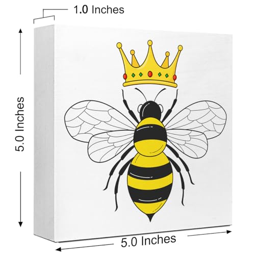 Bee Queen Desk Decor, Funny Bee Queen Crown Wood Block Sign Desk Décor for Home Bedroom Office