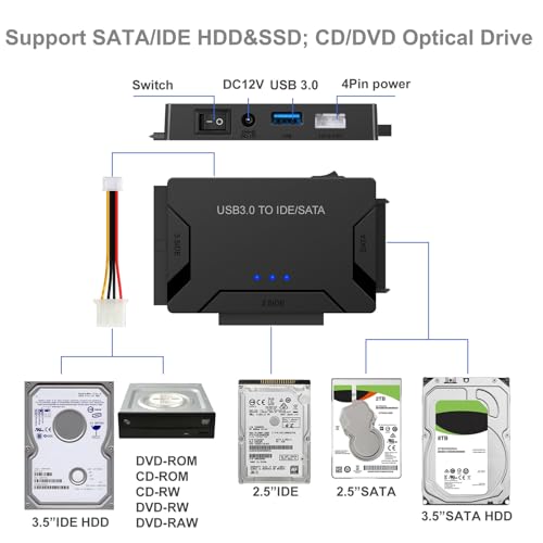 EYOOLD USB 3.0 to SATA IDE Adapter, Hard Drive Reader External Ultra Recovery Converter Compatible with 2.5" 3.5" HDD, SSD,5.25-inch DVD/CD-ROM Optical Drive Data Transfer with Power Supply