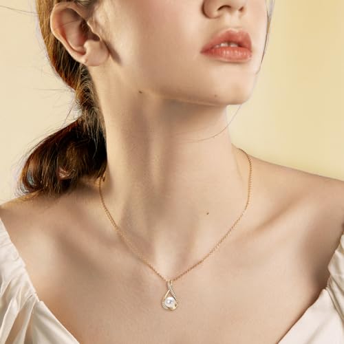 Pearl Necklace for Women, Freshwater Cultured Dainty Gold Single Pearl Pendant Necklace with Moissanite Diamond Wedding Jewelry Gift for Bride Bridesmaid (8mm)