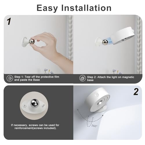 DEALGADGETS LED Wall Lights 2Pcs, Motion Sensor Light Indoor with Rechargeable Battery Operated, Dimmable & 3 Color Temperatures, 360° Rotation & Magnetic for Bedside, Hallway, Stair
