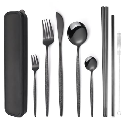 AARAINBOW 8 Pieces Stainless Steel Flatware Set Portable Reusable Cutlery Set for Lunch Travel Utensils Set with Chopsticks Fork Spoon Knife Set with Case Personal Utensil Set (Black)