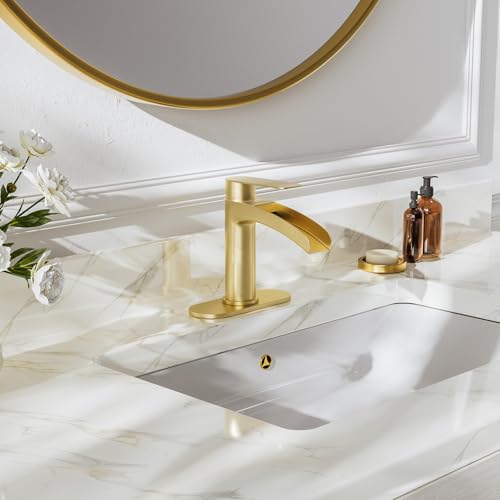 Phiestina Single Handle Waterfall Faucet for Bathroom Sink in Brushed Gold Finish, with 6-Inch Deck Plate,Metal Pop Up Drain Assembly & CUPC Water Supply Lines,NS-SF01-BG