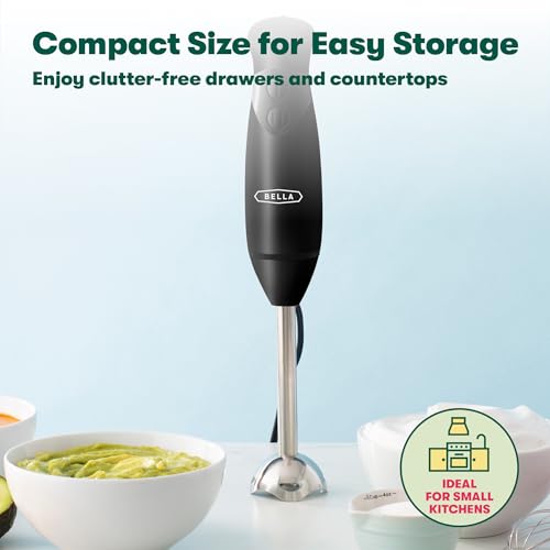 BELLA Immersion Hand Blender, Portable Mixer with Whisk Attachment - Electric Handheld Juicer, Shakes, Baby Food and Smoothie Maker, Stainless Steel, Black