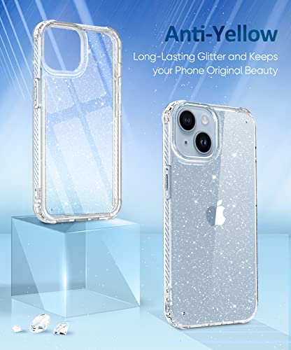 MIODIK Compatible with iPhone 14 Case with Screen Protector + Camera Lens Protector, [Non-Yellowing] Clear Glitter Phone Case, Protective Shockproof Women Cover for 6.1 Inch - Sparkle Clear