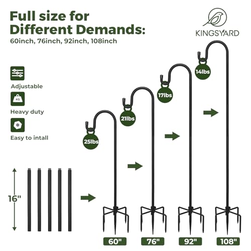 Kingsyard Adjustable Shepherd Hooks for Outdoor - 44 INCH Heavy Duty Bird Feeder Pole with 5 Prong Base, Hummingbird Feeder Stand, Garden Plant Baskets, Weddings Decor, Solar Light Lanterns