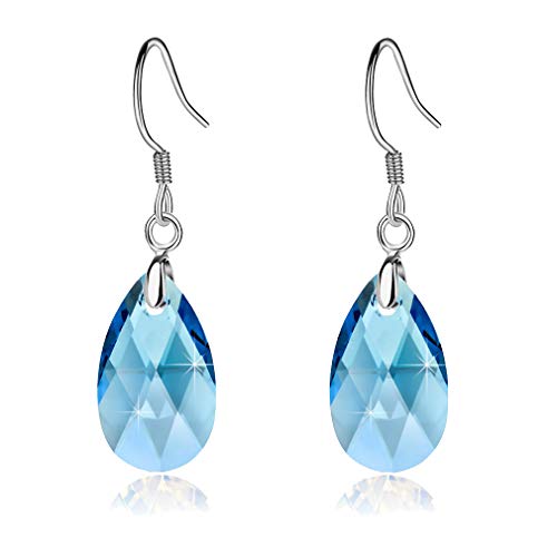 Teardrop Austrian Crystal Drop Dangle Earrings for Women 925 Sterling Silver Hook Hypoallergenic Earring (Topaz)
