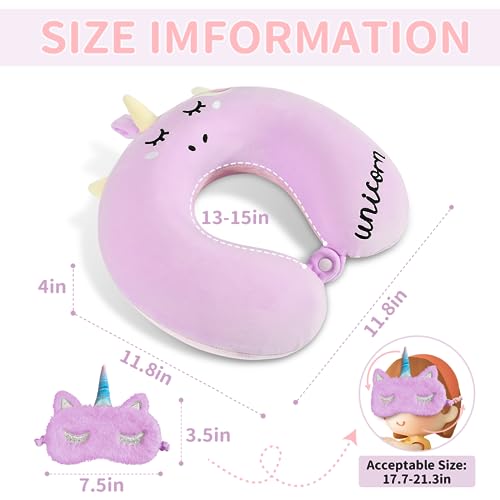 urnexttour Travel Neck Pillow for Kids, Best Unicorn Gifts for Girls with Drawstring Backpack/Necklace/Sleep Mask &Earplugs, Travelling Pillow Set for Airplane, Car, Train, Bus and Home Use (Pink)