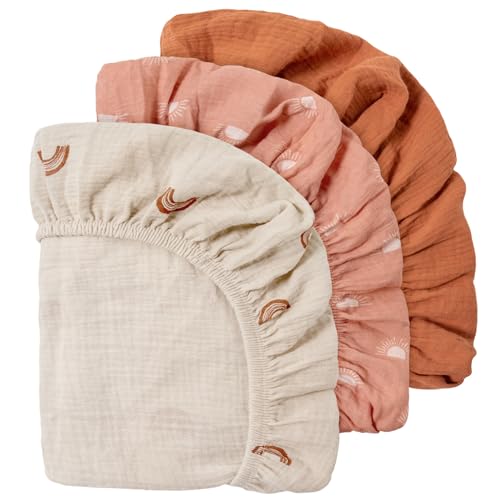 Gllquen Baby Muslin Bassinet Sheets 3 Pack, Breathable Elastic Cozy Fitted Cotton Bassinet Mattress Sheet for Baby Boy Girls, Fit for Hourglass Oval Rectangular Cradle Pad Sheets 33"X17" (Green)