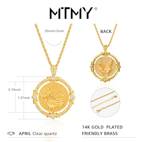 MTMY Birth Flower Necklaces for Women 14K Gold Plated Birth Month Flower with Birthstone Reversible Coin Pendant Necklaces Personalized Custom Floral Jewelry (April)