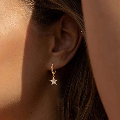 14K Gold Plated Small Hoop Earrings Sparkling CZ Charm Star Pendant Hoops Ear Jewelry for Women