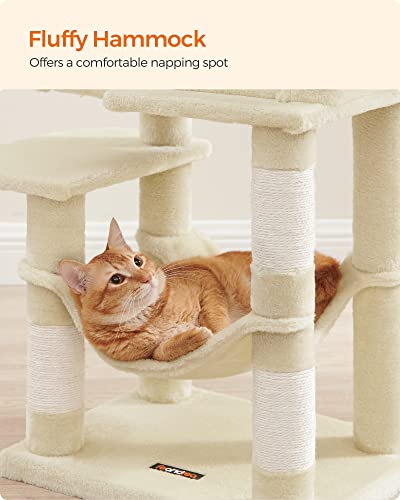 Feandrea Cat Tree, 44.1-Inch Cat Tower for Indoor Cats, Multi-Level Cat Condo with 4 Scratching Posts, 2 Perches, Hammock, Cave, Beige UPCT261M01