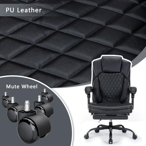 Ergonomic Office Chair with Footrest, Executive Chair PU Leather Computer Chair, Reclining Desk Chair with Leg Rest, Coil Spring Thick Cushion, Big and Tall Chair 400 lbs Capacity | Black