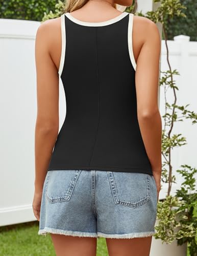 ZESICA Women's 2024 Summer Ribbed Color Block Tank Tops Casual Knit Scoop Neck Sleeveless Shirts Blue S