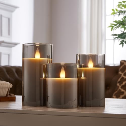 CozierGlow Glass Wax Flameless Pillar Candles Flickering with Remote Timer, Battery Operated LED Candles up to 400 Hours,3D Moving Flame Candles, Set of 3, D3 x H4, 5", 6",Remote Included (Gray).