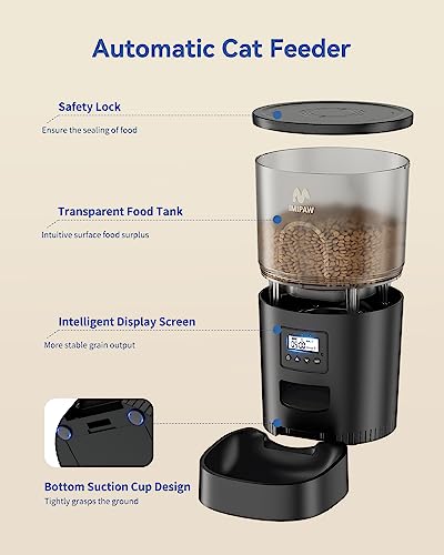 IMIPAW Automatic Cat Feeder, 3L Timer Controlled Dry Food Dispenser for Pets, 1-6 Meals Per Day, Dual Power Supply, Programmable Portion Size, Black
