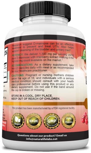 NaturaLife Labs A Higher Standard D-Mannose 1,300 mg with Cranberry Extract Fast-Acting, Flush Impurities, Urinary Tract Health- 100 Veggie Capsules