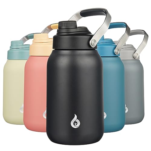 BJPKPK Half Gallon Insulated Water Bottles, 64oz Water Jug with Metal Handle & BPA Free Spout Lid, Dishwasher Safe Thermos Water Bottle, Large Stainless Steel Gym Sport Water Bottles, Black