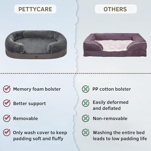 pettycare Orthopedic Dog Bed for Medium Dogs with Memory Foam, Waterproof Pet Bed Soft Sofa with Washable Removable Cover Anti-Slip Bottom, Extra Head and Neck Support Sleeper, 30” Dark Grey