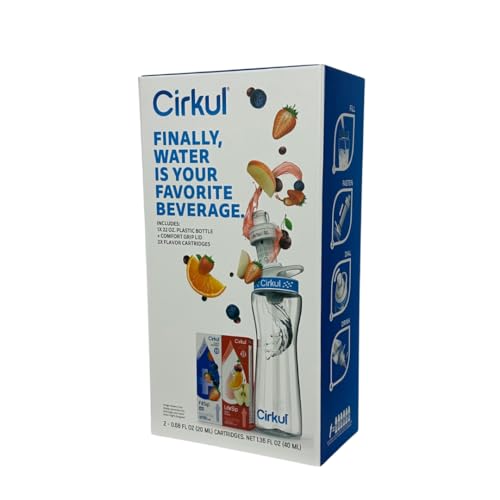 Cirkul 22oz. BPA-Free Plastic Water Bottle Starter Kit with Blue Lid, 2 Flavor Cartridges (1 LifeSip Fruit Punch, 1 FitSip Mixed Berry) Zero Calories and No Sugar