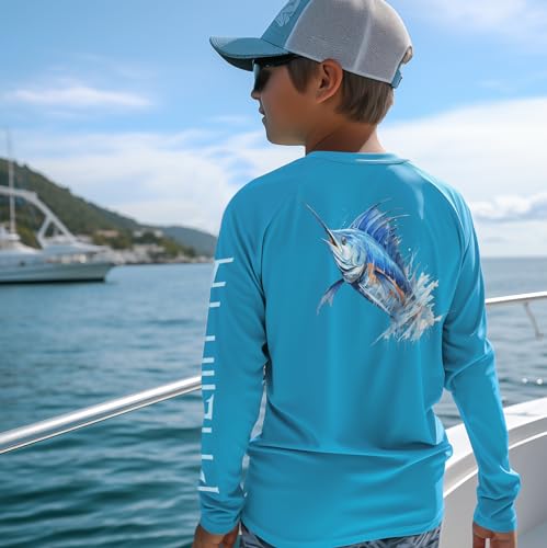 Palmyth Boys Fishing Shirt Youth Long Sleeve T-Shirt UPF 50+ Sun Protection (Blue Sky/Swordfish, S)