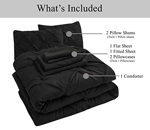 LANE LINEN Twin Comforter Set, 5 Piece Twin Bedding Sets, Ultra Soft Pintuck Twin Bed in a Bag Set with Down Alternative Comforter, Sheets, Pillowcase & Sham, Pinch Pleated Kids Bedding Set - Black
