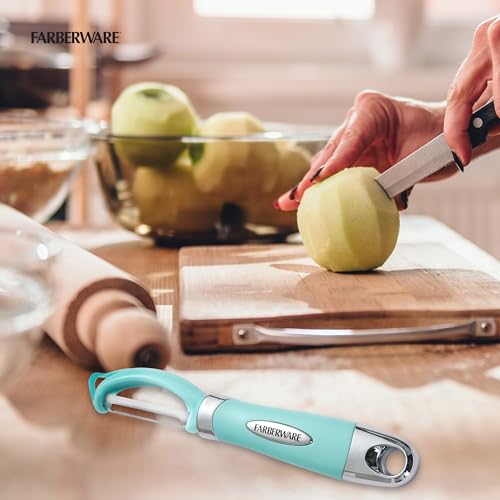 Farberware Euro Peeler, a Kitchen Essential for Quick and Easy Peeling of Produce, Chocolate, Cheeses and More, Features Hang-Hole for Easy Storage, Dishwasher Safe, Aqua Sky