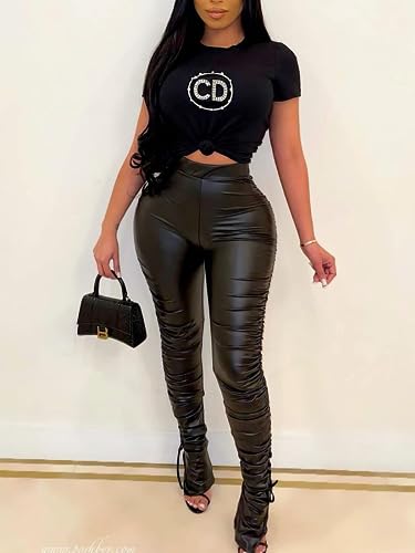 Zebaexf Sexy Faux Leather Leggings for Women, Pleather Stacked Pants Stretch High Waisted Pu Leather Pants Black S