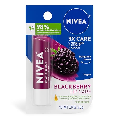 NIVEA Blackberry Lip Care, Tinted Lip Balm with Shea Butter, Nourishing Oils and Vitamin C & E, 3-in-1 Moisture, Repair (for Dry Lips) and Color, 0.17 Oz Stick