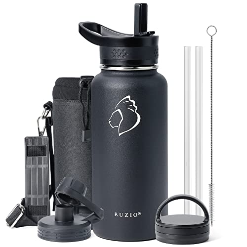 BUZIO 40 oz Water Bottle, Stainless Steel Insulated Water Flask with Straw Lids, Canteen Metal Thermo Mug Hydro Cup Jug, Double Vacuum Hot Cold Water Bottles with Carrying Pouch, Black and Gray