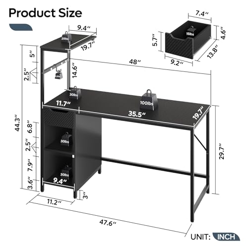 Bestier Gaming Desk with Drawer and LED Lights, 48 inch Computer Desk PC Table with Adjustable Storage Shelves & Hook for Home Office, Carbon Fiber Black