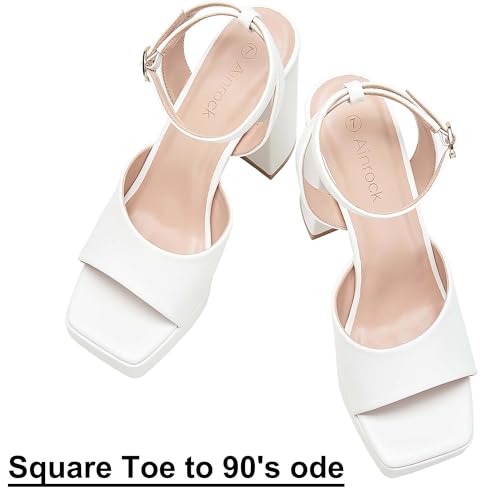 Ainrock Women's Platform Heels Chunky Heel Sandals Square Toe With Ankle Strap For Wedding Evening Party Block High Heels Black Size 9.5
