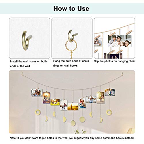 EEEKit Hanging Photo Display, Moon Garland with Chains & 20 Wood Clips, DIY Picture Frames Collage Photo Wall Display for Home Office Xmas Bedroom College Dorm Room Decoration, Ideal Girls Gift, Gold