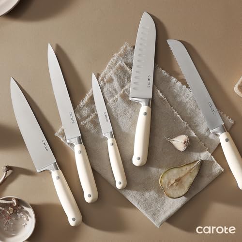 CAROTE 6PCS Knife Set for Kitchen with Block, Stainless Steel Blade for Precise Cutting, Razor-Sharp,Essential Knife Set,White