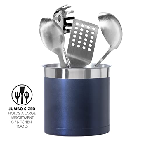 Oggi Stainless Steel Jumbo Utensil Holder - 7" Utensil Caddy, Weighted Base for Stability - Extra Large Utensil Crock and Countertop Utensil Organizer, Blue