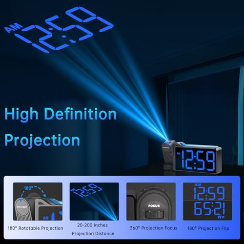 Peakeep Digital Clock, Nightlight Projection Alarm Clock for Bedroom Ceiling, LED Plug in Electric Bedside Clock USB Charger, Battery Backup, Large Numbers Loud Alarm Clock for Heavy Sleepers (Blue)