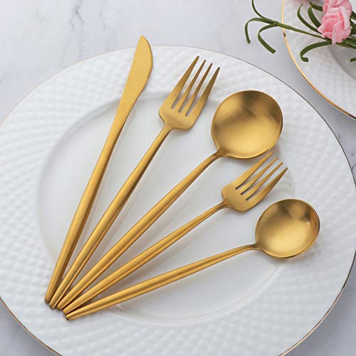 20 Pcs Forks and Spoons Retro Silverware Set, Matte Black Gold Blue Tableware Set for 4, Stainless Steel Black Flatware Set, Eating Utensils Sets, Durable Silverwear Cutlery Set (20p-Gold)