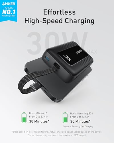 Anker Zolo Power Bank, 10,000mAh 30W Portable Charger with Built-in USB-C Cable for Travel, Fast Charging Battery Pack for iPhone 16/15 Series, MacBook, Galaxy, iPad, and More