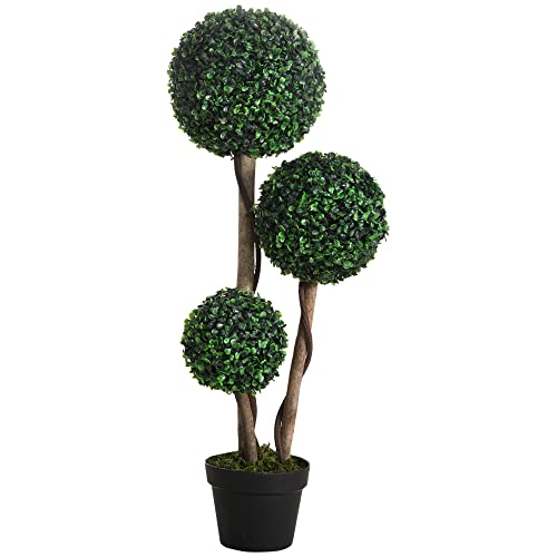 HOMCOM Artificial Plant for Home Decor Indoor & Outdoor Fake Plants Artificial Tree in Pot, 3 Ball Boxwood Topiary Tree for Home Office, Living Room Decor, Dark Green