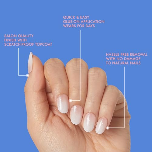 KISS Gel Fantasy Dreamdust, Press-On Nails, Nail glue included, 'Mood Dust', Light White, Short Size, Coffin Shape, Includes 28 Nails, 2G Glue, 1 Manicure Stick, 1 Mini File