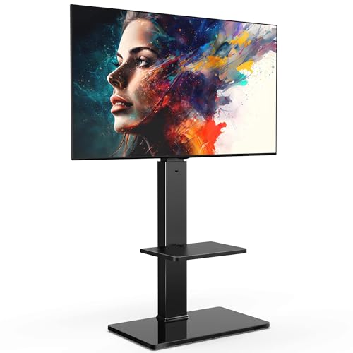 FITUEYES Swivel Floor TV Stand with Mount for TVs 37 43 50 55 60 65 70 75 Inch LCD LED Flat/Curved Screens Universal Swivel Televisions TV Mount Stand for Bedroom Living Room Black Tempered Glass Base