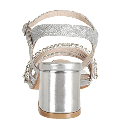 SheSole Women's Strappy Open Toe Rhinestone Low Block Chunky Heels Sandals Silver Sandals Wedding Party Dress Shoes for Women Silver US 6