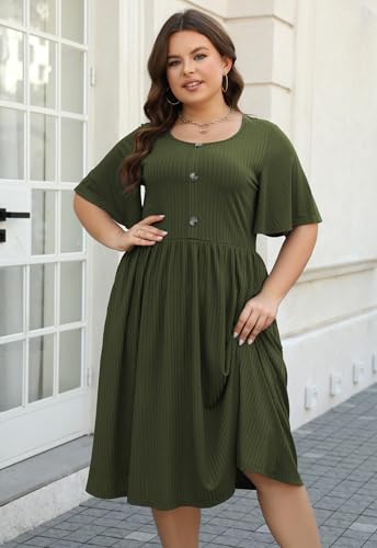 Keluummi Plus Size Casual Dress for Women, with Pocket and 3/4 Sleeve(20 Plus, Army Green)