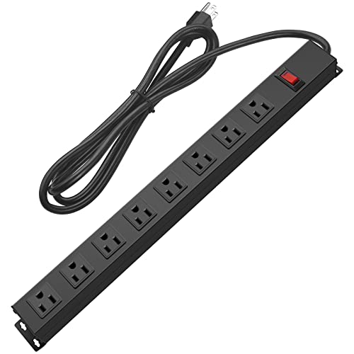 Metal 8 Outlet Mountable Power Strip, Wall Mount Outlet Power Strip Heavy Duty, Wide Spaced Commercial Shop Power Strip with Switch, 15A 125V 1875W, 3.28 FT SJT 14AWG Power Cord (3.28FT) Black